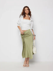 Mid Rise Ruched Drawstring Zipper Mermaid Maxi Skirt