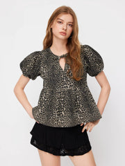 Denim Leopard Print Tie Front Ruffle Puff Sleeve Oversized Blouse