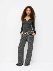 Mid Rise Stripe Drawstring Wide Leg Trousers
