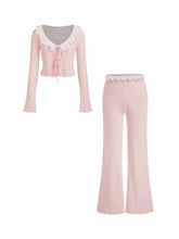 Cotton-blend V-neck Pointelle Tie Front Top & High Rise Lace Trim Bowknot Flare Trousers Loungewear Set