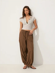 Linen-blend Polo Collar Short Sleeve Top