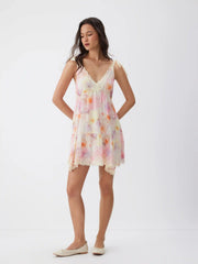 Chiffon Floral V-neck Lace Trim Tie Strap A-line Mini Dress