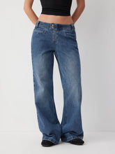 Denim Low Rise Button Detail Wide Leg Jeans