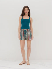 Square Neck Solid Crop Tank Top With Mid Rise Aztec Knotted Pocket Shorts