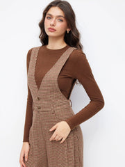 Wool-look V-neck Houndstooth Wide Leg Overalls