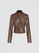 Faux Leather Stand Collar Zipper Biker Jacket