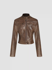 Faux Leather Stand Collar Zipper Biker Jacket