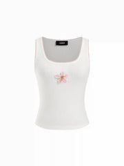 Cotton Square Neck Floral Applique Slim Tank Top