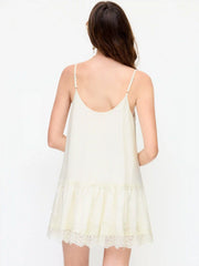 Chiffon Scoop Neck Lace Panel Ruffle Hem Straight Mini Dress