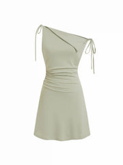 Asymmetrical Neck Ruched Bowknot A-line Mini Dress