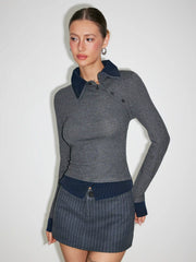 Collar Long Sleeve Two tone Striped Trim Asymmetrical Top