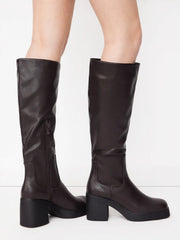 SQUARE TOE CHUNKY HEELED FAUX LEATHER KNEE HIGH BOOTS