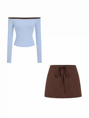 Cotton-blend Off-shoulder Contrasting Binding Top & Mid Rise Drawstring Mini Skirt Set