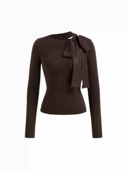 Knit Asymmetrical Neck Solid Knotted Long Sleeve Top