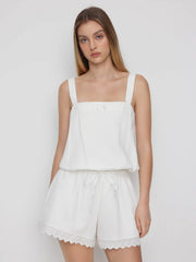Cotton Square Neckline Lace Trim Drawstring Micro Romper