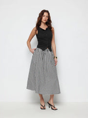 Cotton Button Top & Gingham A-line Maxi Skirt Set