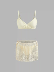 V-neck Solid Bracelet Tie Side Bikini Set With Lace Cover Up Skirt