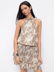 Tie Dye Animal Print Halter Neckline Ruffled Layered Mini Dress