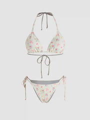 V-neck Floral Halter Tie Side Bikini Swimsuit