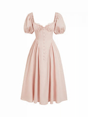 Linen-blend Sweetheart Neck Puff Sleeve Draped Lace Up Milkmaid Maxi Dress