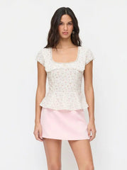 Cotton-blend Floral Square Neck Puff Sleeve Lace Trim Bowknot Peplum Blouse