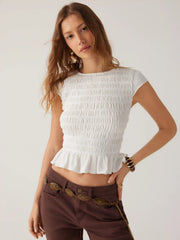 Cotton-blend Shirred Ruffle Hem Cropped Tee