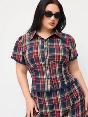 Cotton Plaid Blouse & Lace Trim Bowknot Mini Skirt Set Curve & Plus