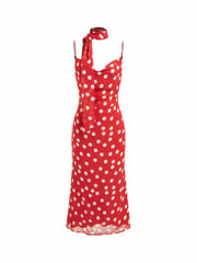 Chiffon Polka Dot Cowl Neck Midi Dress With Scarf
