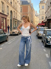 Washed Denim Low Rise Lace Bowknot Wide Leg Trousers