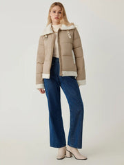 Fleece Buckle Collar Patchy Zipper Puffer Jacket