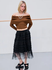 Off-shoulder Knitted Ruched Bell Sleeve Top