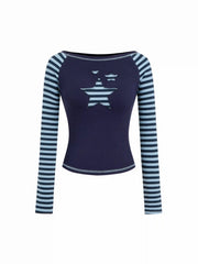 Cotton-blend Boat Neck Striped Star Appliques Tee
