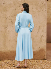 Satin V-neck Lantern Sleeve Bowknot Flared Maxi Dress