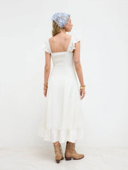 Sweetheart Neckline Applique Split Ruffle Hem Midi Dress