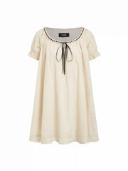 Cotton-blend Puff Sleeve Twist Knotted Scoop Neck Smock Mini Dress