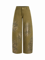 Washed Denim Low Rise Leopard Barrel-leg Jeans