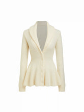Knit Collar Long Sleeve Ruffle Hem Cinched Waist Button Cardigan
