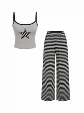 Cotton-blend Star Graphic Cami Crop Top & Mid rise Striped Straight Leg Trousers Matching Set