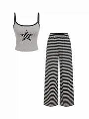 Cotton-blend Star Graphic Cami Crop Top & Mid rise Striped Straight Leg Trousers Matching Set
