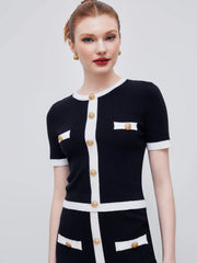 Knitted Round Neck Contrasting Binding Short Sleeve Top