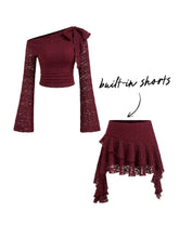 Lace Asymmetrical Neck Ruched Bell Sleeve Top & Layered Ruffle Hem Mini Skirt Set