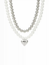 DOUBLE-LAYER FAUX PEARL BEADED HEART PENDANT NECKLACE