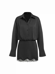 Satin Lace Panel Shirt Mini Dress