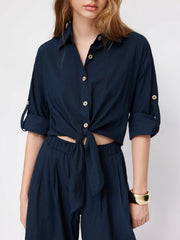 Linen-blend Collar Knotted Roll Hem Oversized Jumpsuit