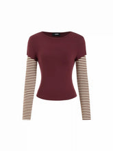 Cotton Striped Round Neckline Colorblock Top