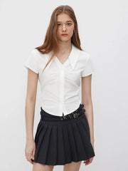 Cotton-blend Polo V-neck Ruched Short Sleeve Shirt