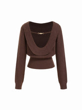 Knit Boat Neck Backless Chain Detail Long Sleeve Top