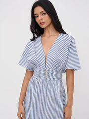 Cotton-blend V-neck Striped Ruched Button Maxi Dress