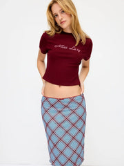Mesh Plaid Mid Rise Bowknot Midi Skirt