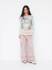 Cotton-blend Off-shoulder Rabbit Graphic Striped Patched Long Sleeve Tee